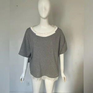 White Chocolate Grey Lace Bat Sleeve  T-shirt casual Top for women's Size L NWOT